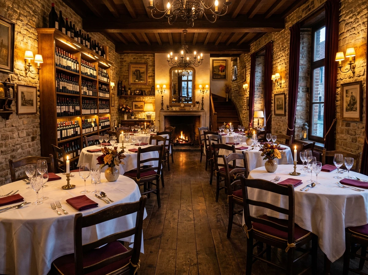 Salle à manger chaleureuse du restaurant Le Baccus, tables dressées et éclairage ambré