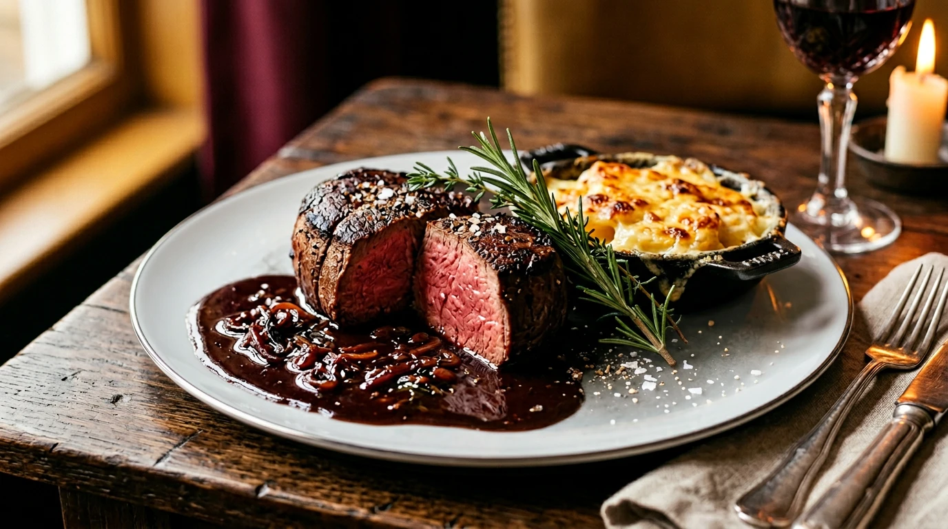 Plat principal du restaurant Le Baccus, filet de bœuf Blanc-Bleu Belge avec sauce au vin rouge