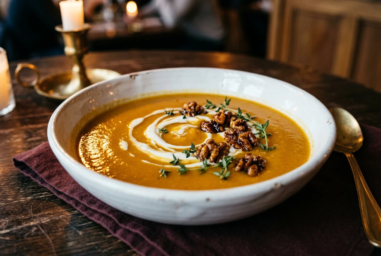 Assiette de velouté de potiron avec crème de chèvre et noix torréfiées, restaurant Le Baccus