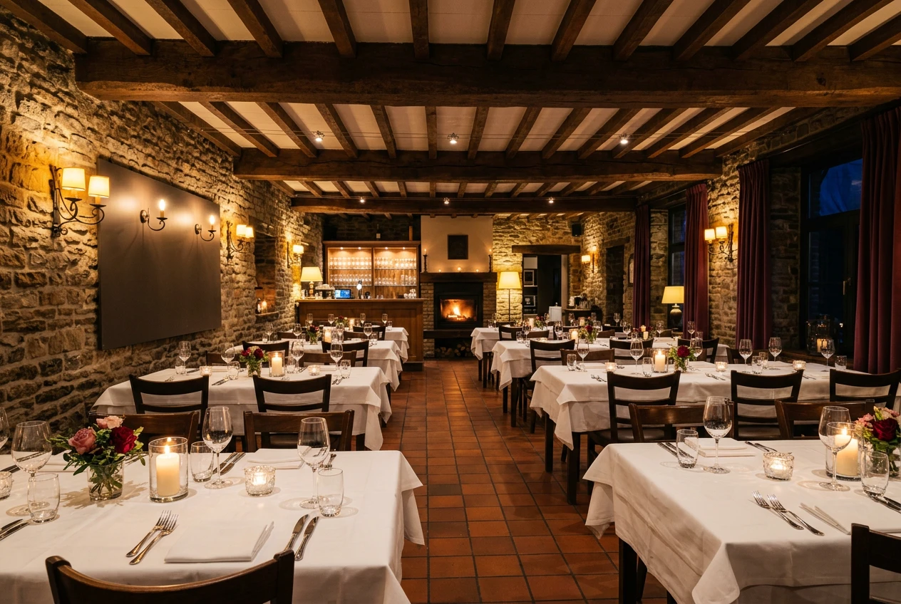 Intérieur du restaurant Le Baccus, salle dressée pour un repas du soir avec éclairage tamisé
