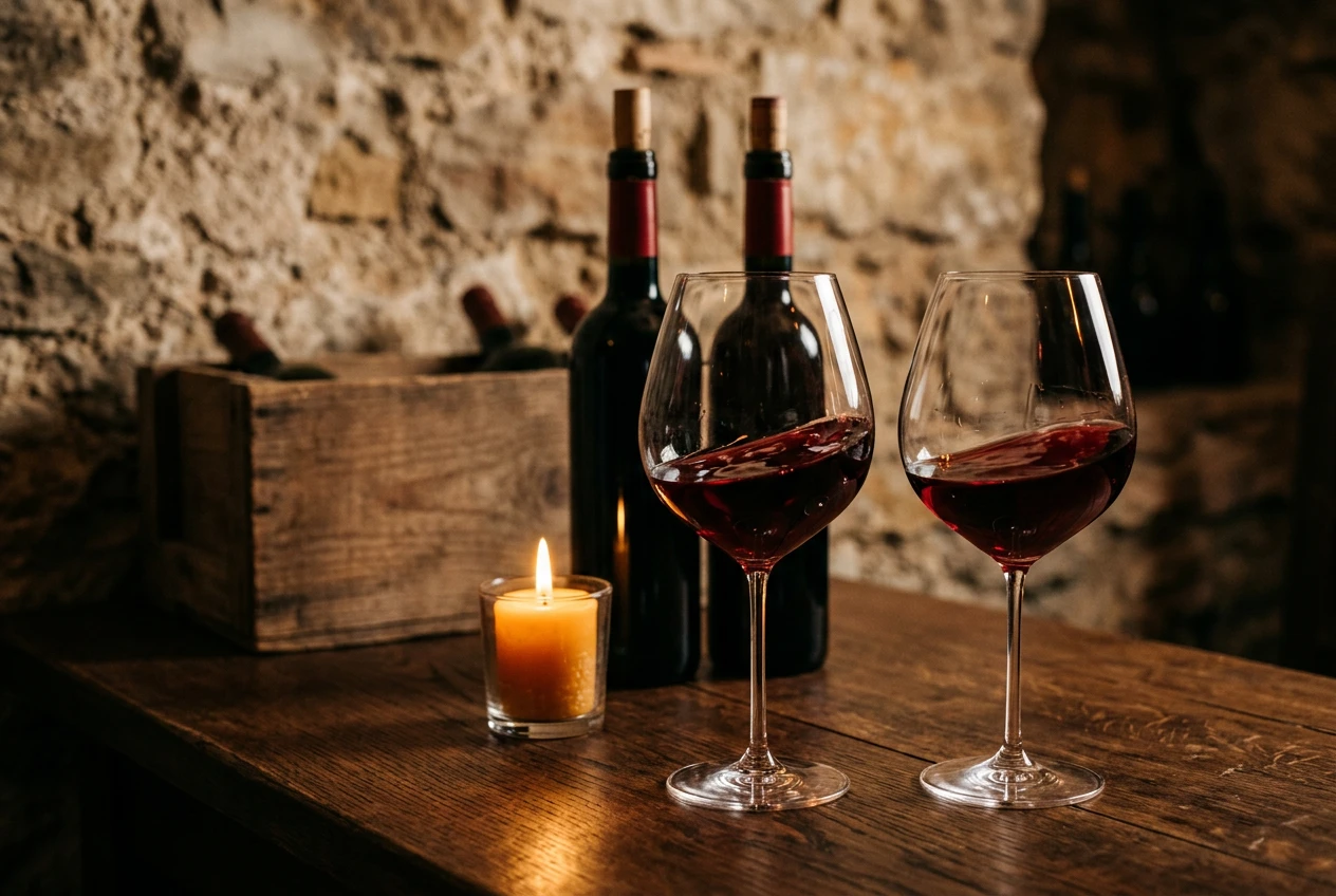 Deux verres de vin rouge sur table en chêne, cave à vins du restaurant Le Baccus